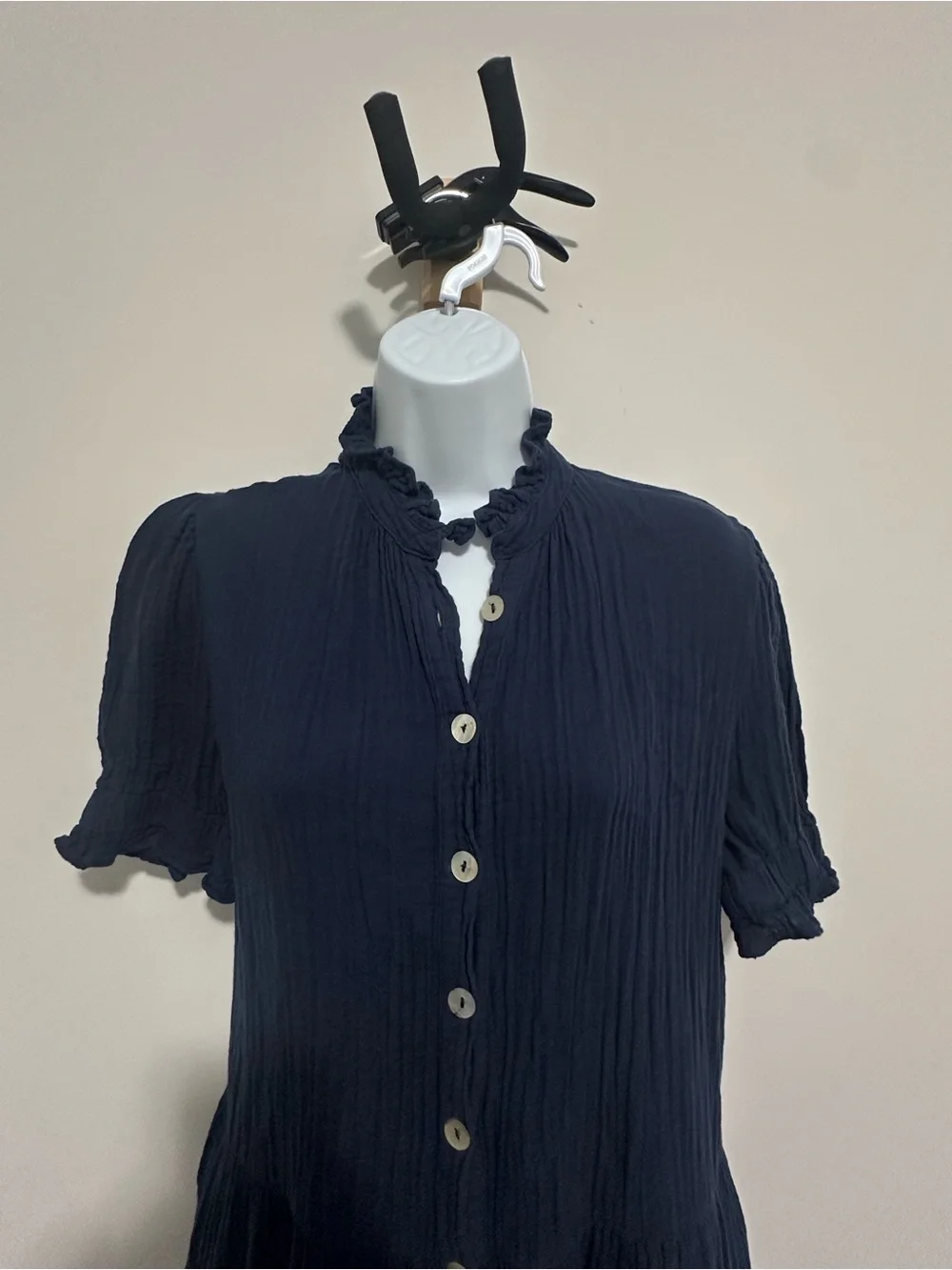 Stark X Navy Cotton Gauze Tiered Button Front Mini Dress | Ruffle Collar - Picture 6 of 10